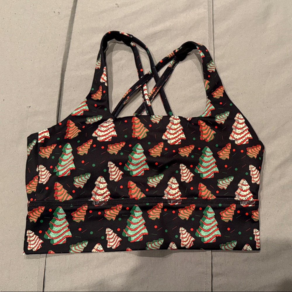 Festive Christmas Tree Print sports bra
